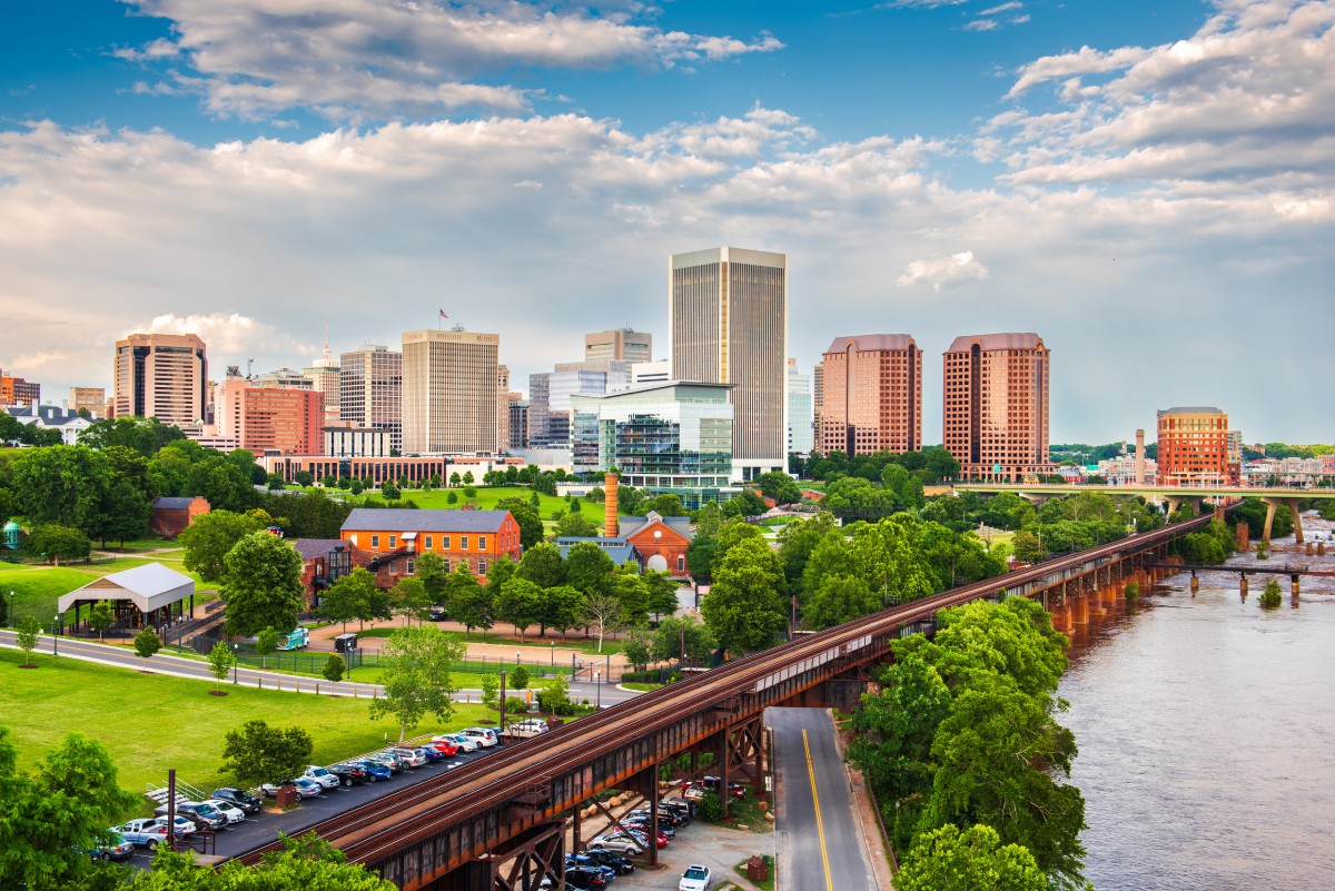 Richmond, Virginia, USA downtown skyline on the James River